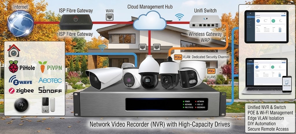 Home security system with NVR, PoE cameras and remote monitoring