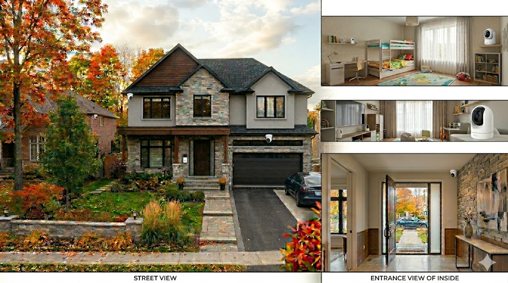 Complete home security coverage — exterior street view, video doorbell and interior cameras in bedroom, living room and entryway